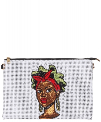 African-American Women Design Reversible Sequin Clutch Bag B029 WHITE